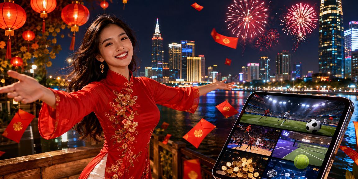 Không khí đêm neon rực rỡ ở Hồ Chí Minh với đèn lồng và phong bì đỏ mừng thưởng