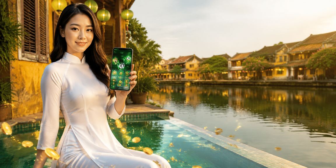 Người dùng mặc áo dài tại Hội An sử dụng ứng dụng casino trên điện thoại